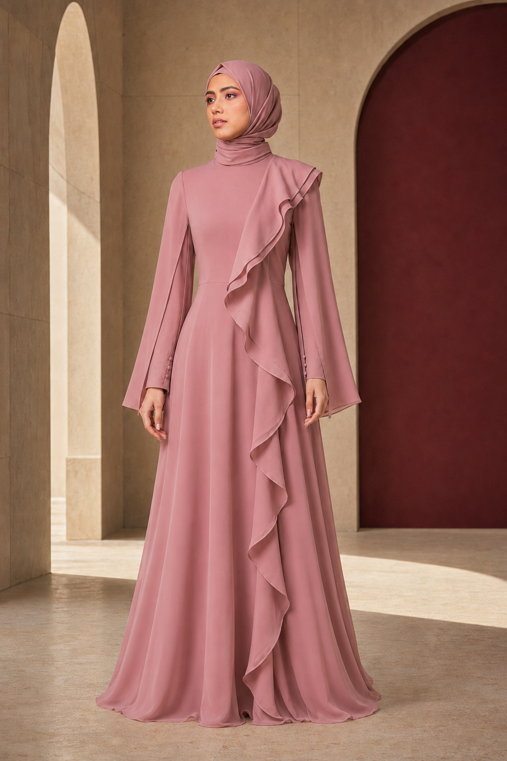 A woman wearing a long-sleeved dusty rose maxi abaya with ruffled detailing and a matching hijab, standing in an architectural setting with beige walls and arches.