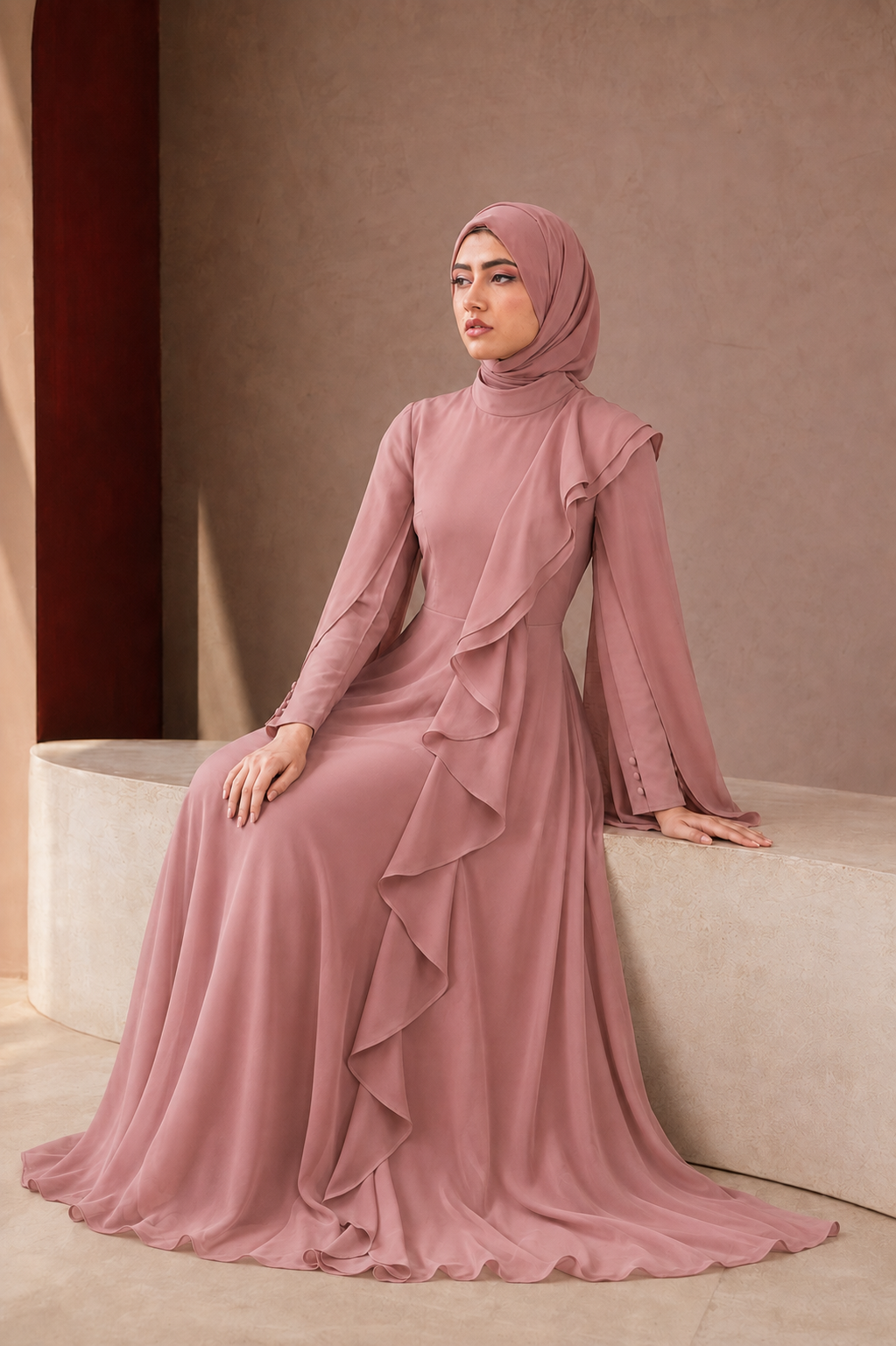A woman wearing a long-sleeved dusty rose maxi dress with layered ruffle details and a matching hijab, seated on a curved beige stone bench against a textured beige wall.