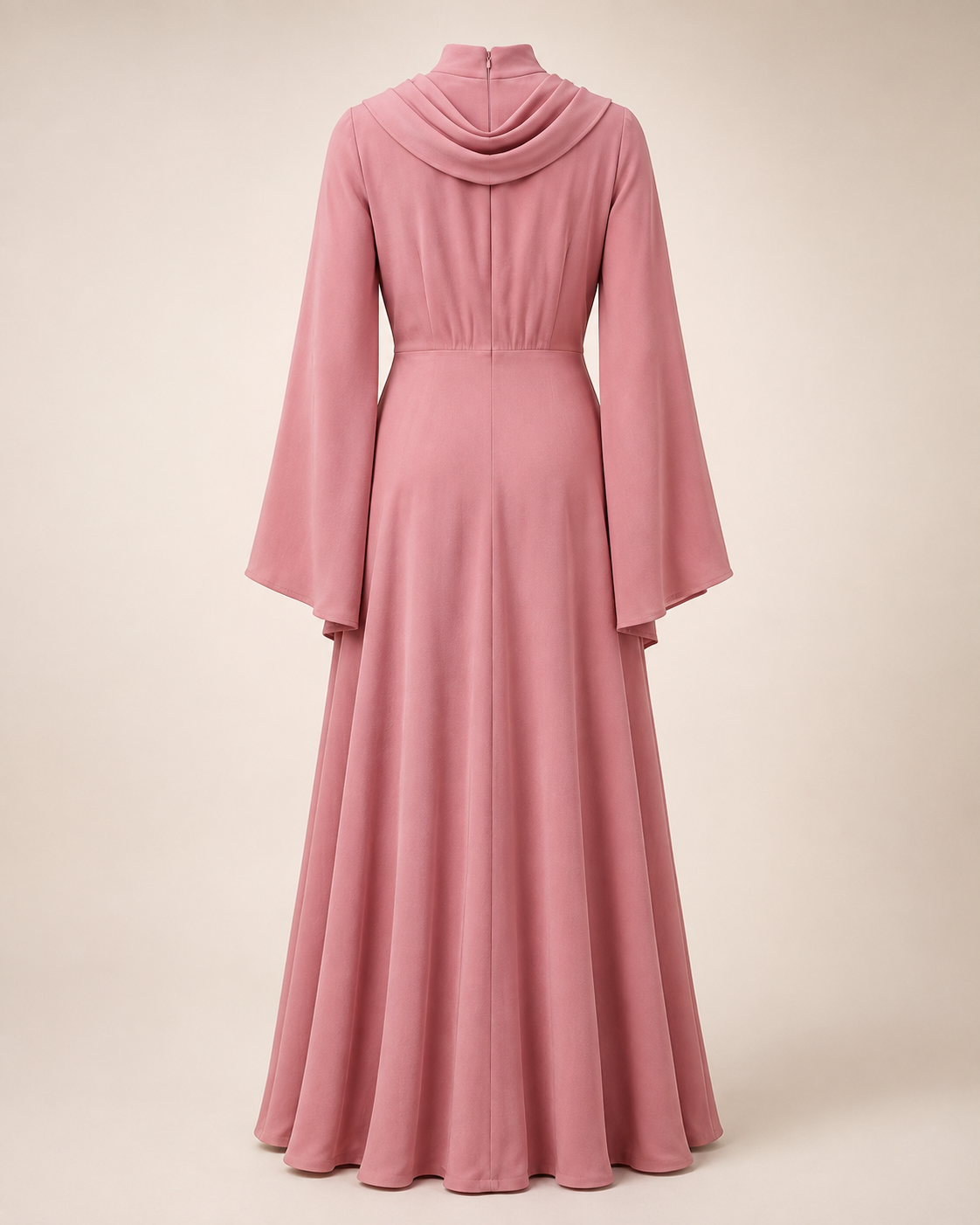 A dusty pink long-sleeved maxi dress with a draped mock neck and a fitted waist, shown from the back on a mannequin against a solid beige background.