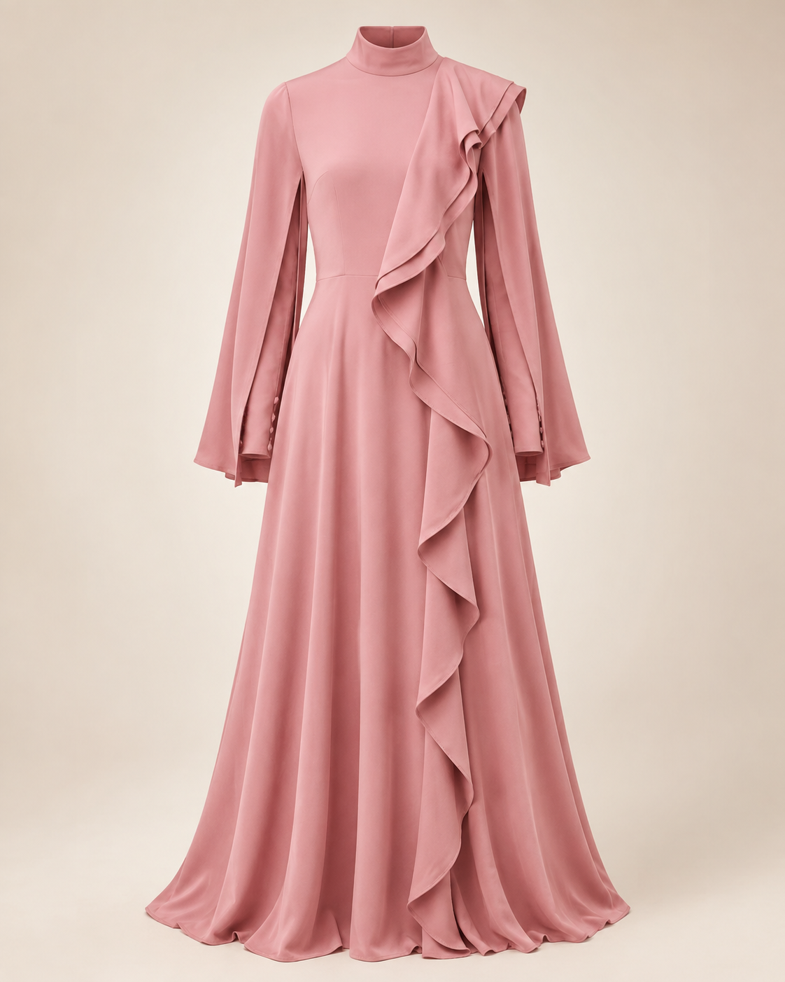 A dusty pink long-sleeve maxi dress with a mock neck, featuring a draped ruffle detail cascading down the right side of the skirt, displayed on a mannequin against a solid beige background.