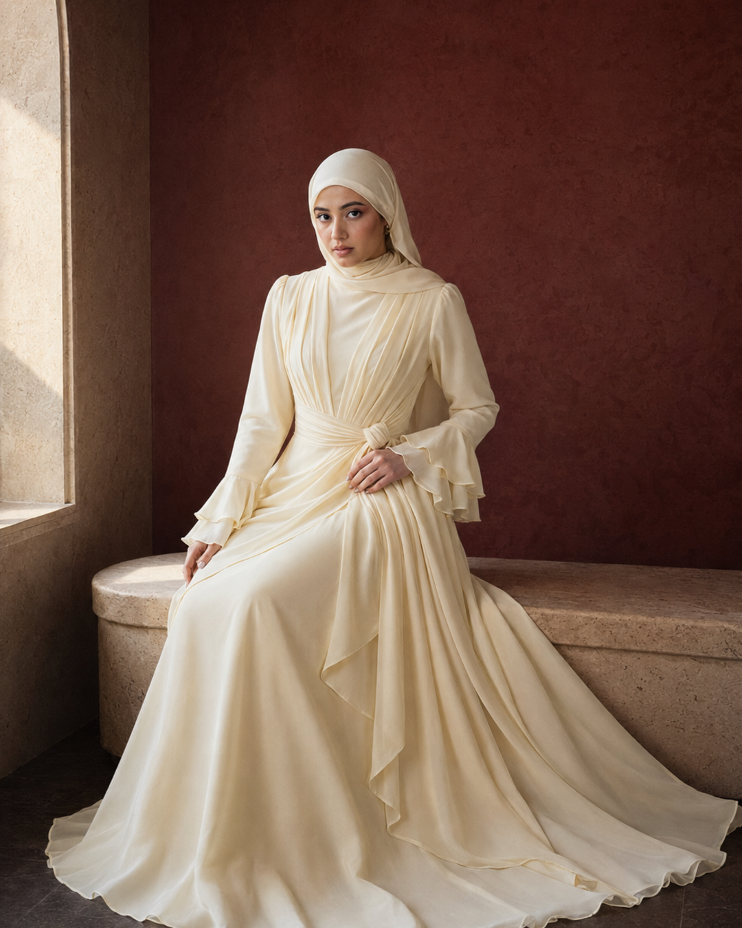 A woman wearing a cream-colored long-sleeved modest dress and matching hijab sits on a stone bench against a textured dark red-brown wall.
