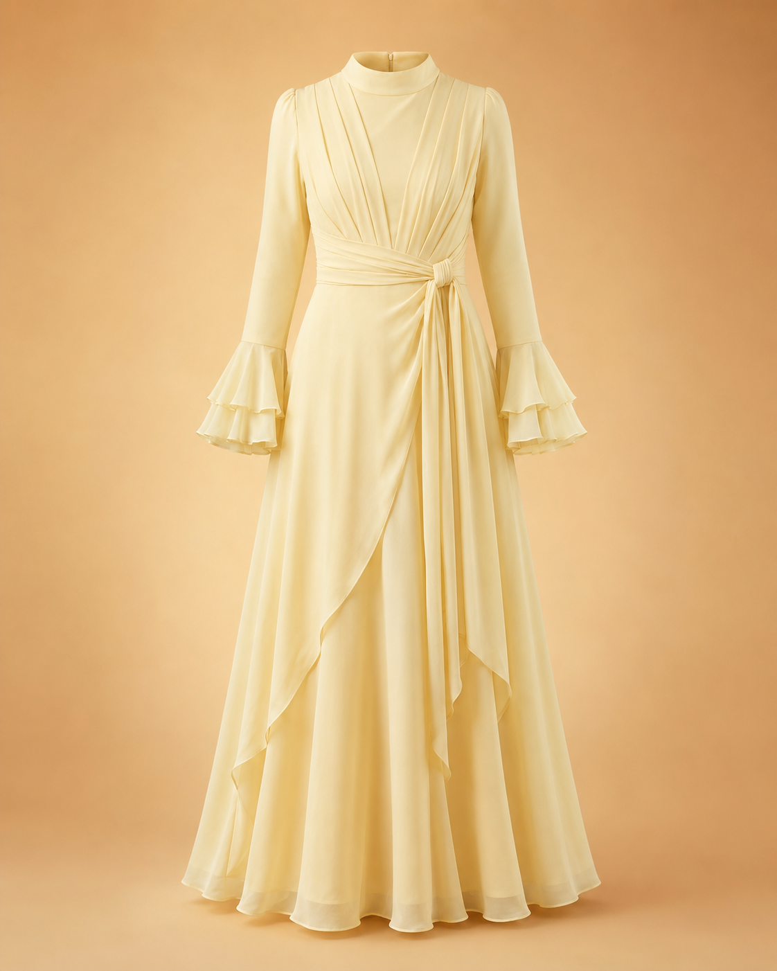 A pale yellow chiffon maxi dress with long bell sleeves, a high mock neck, and a wrap-style skirt tied at the waist, shown on a warm beige background.