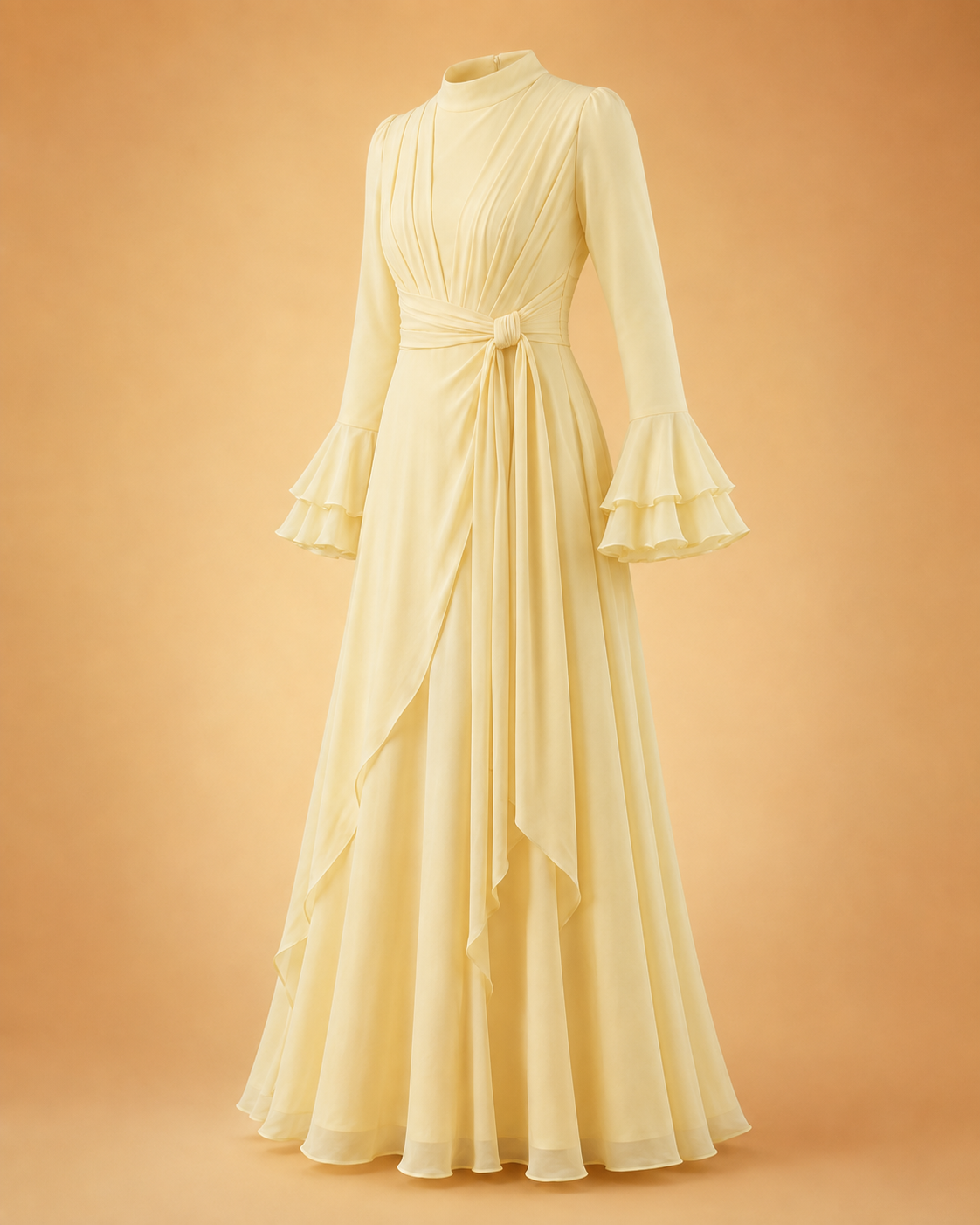 A pale yellow long-sleeve maxi dress with a high mock neck, gathered waist, and flared ruffled cuffs, displayed on a mannequin against a solid peach background.