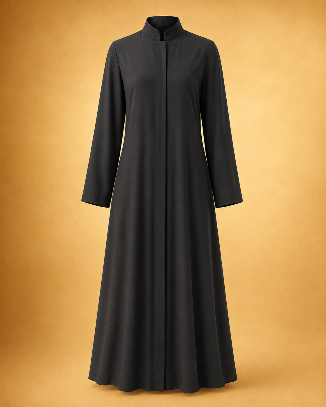 A long black abaya dress with a high stand collar and three-quarter sleeves, displayed on a mannequin against a warm golden-brown gradient background.