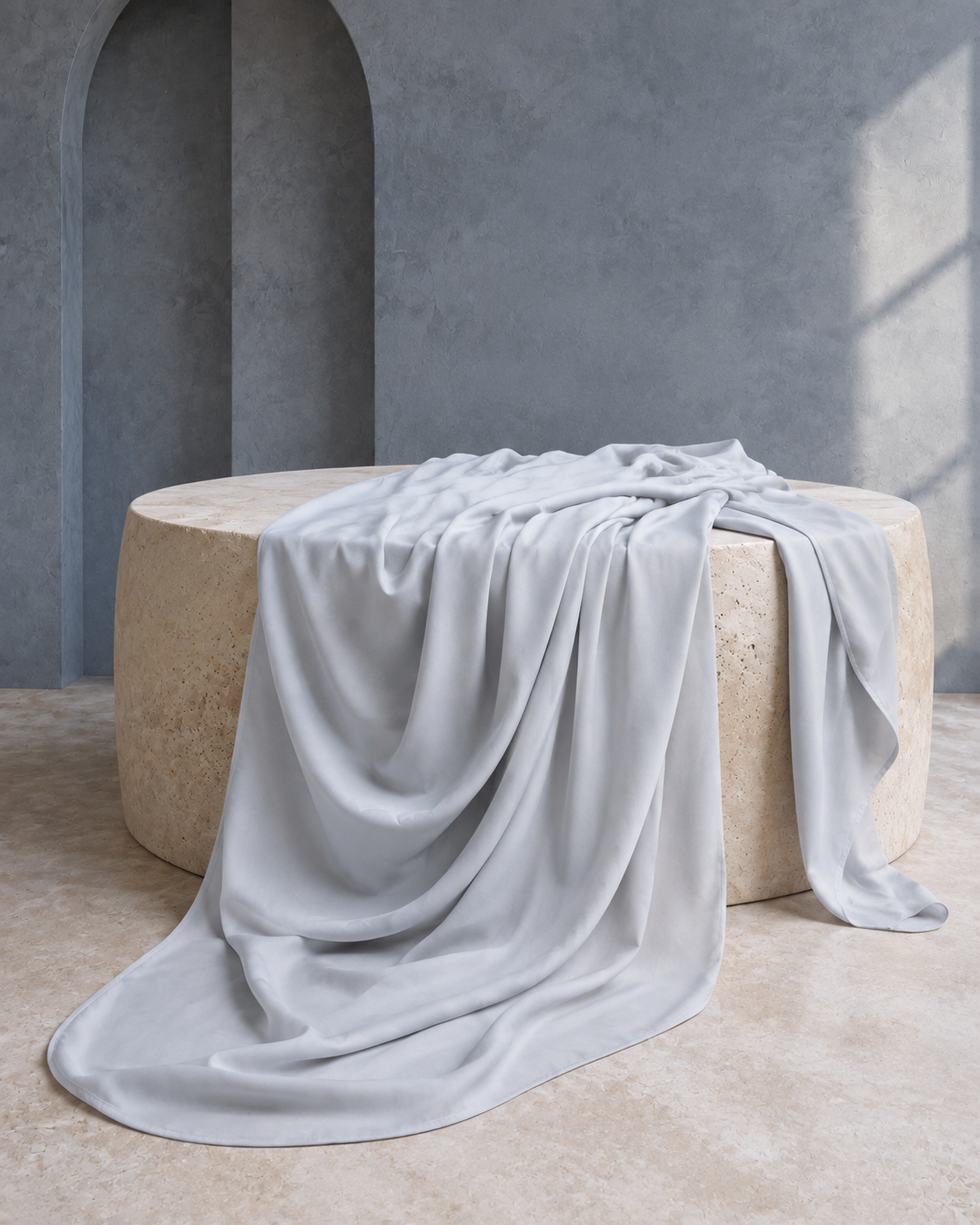A light gray draped fabric, likely a silk throw blanket or scarf, elegantly cascading over a round beige stone pedestal in a minimalist, textured gray room.