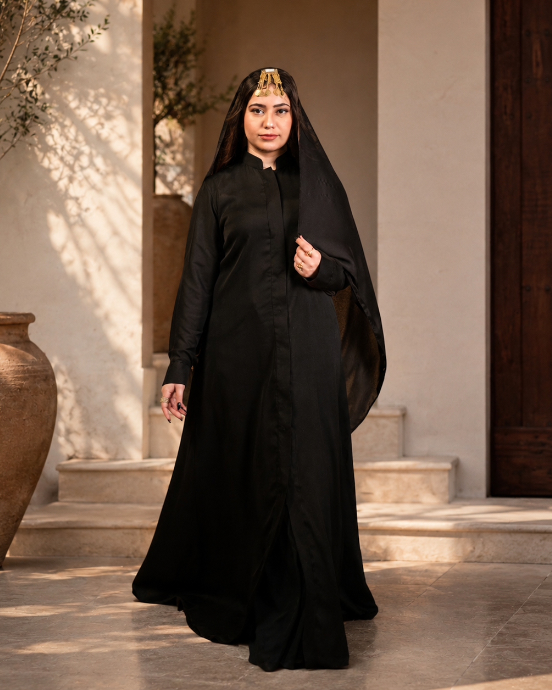 A woman wearing a long black abaya and matching black head covering, standing in a sunlit architectural setting with stone steps, a large terracotta vase, and a dark wooden door in the background.