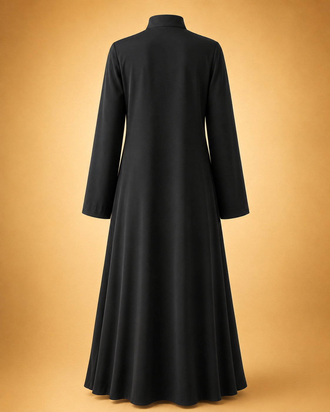 A long black dress with three-quarter sleeves and a high mock neck, shown from the back against a warm golden-brown gradient background.