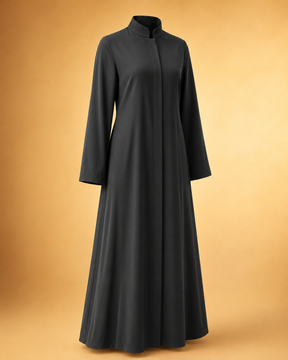 A long black abaya dress with a high stand-up collar and three-quarter sleeves, displayed on a mannequin against a warm beige gradient background.