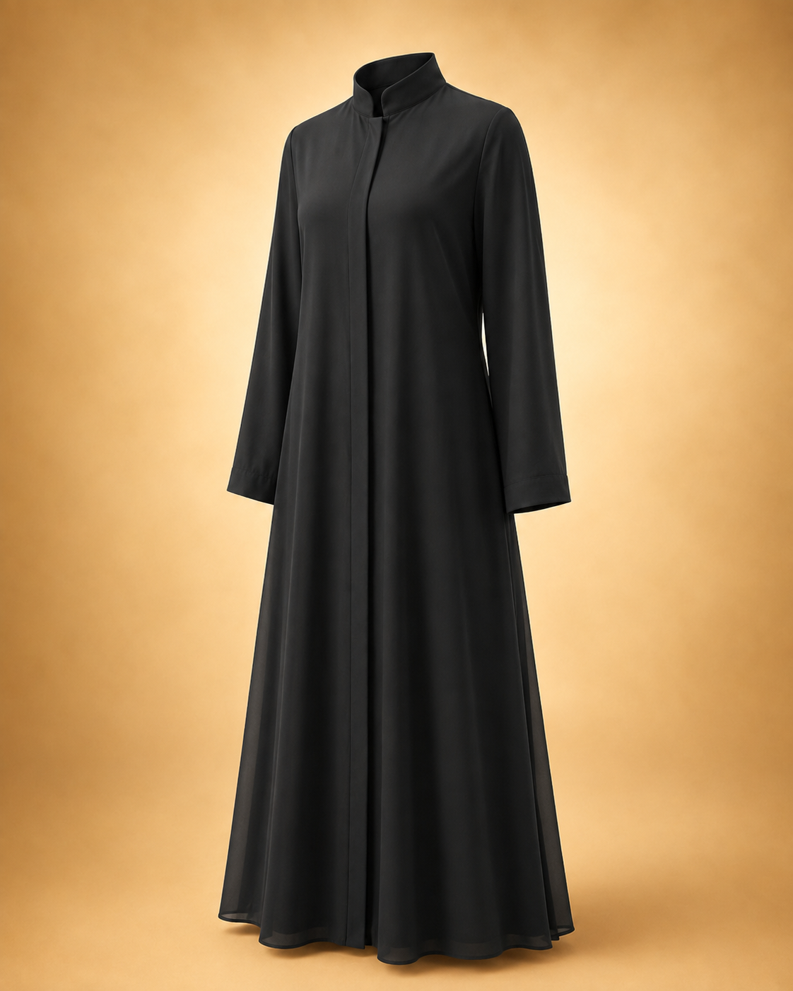 A long black abaya dress with a high collar and three-quarter sleeves, displayed on a mannequin against a warm beige gradient background.